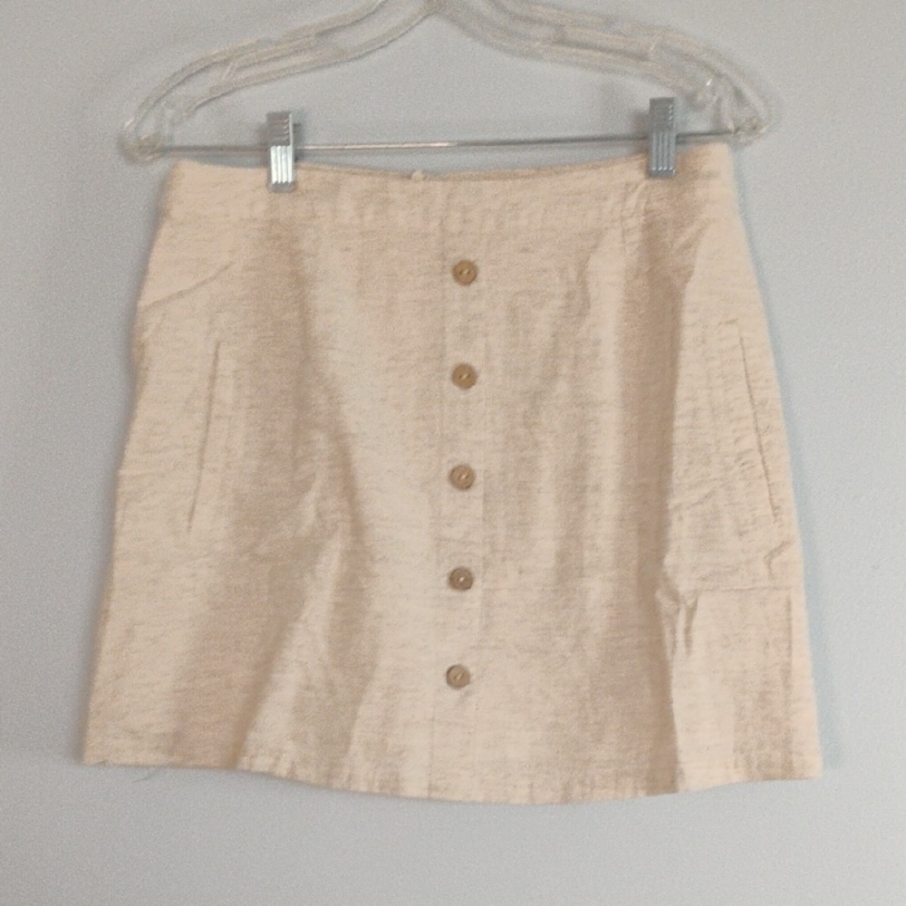 Altar'd State Button Front Tan A-Line Mini Skirt Size L Linen Cotton Blend -Boho
